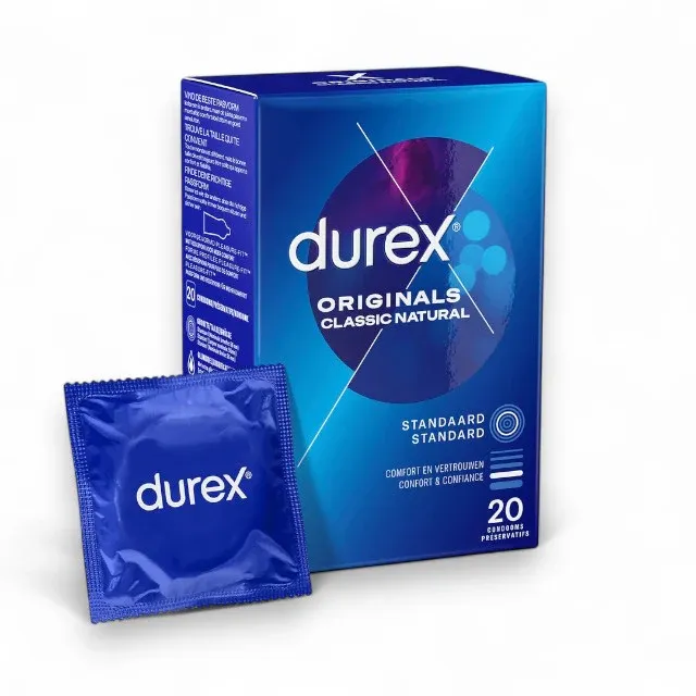 Prezervative clasice Durex Originals Classic Natural, lubrifiate si rezistente, 56 mm,1 cutie x 20 buc