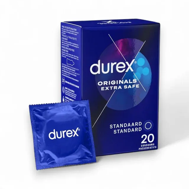 Prezervative clasice Durex Originals Extra Safe, lubrifiate si rezistente, 56 mm, 1 cutie x 20 buc