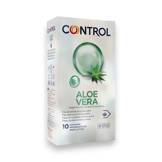 Prezervative CONTROL Aloe Vera, din latex, vegane, cu Aloe Vera, lubrifiate, diametru 54 mm, 10 buc