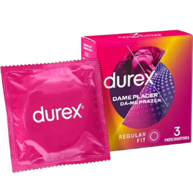Prezervative DUREX Dame Placer, cu puncte și striații pentru senzație intensă, din latex, diametru 56 mm, 3 buc
