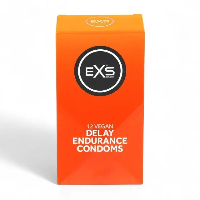 Prezervative EXS Delay Endurance, din latex, vegan, lubrifiate și rezistente, fără miros, diametru 53 mm, 12 bucăți