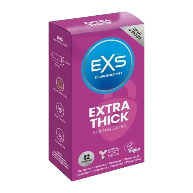 Prezervative EXS Extra Thick, din latex, lubrifiate, groase și rezistente, diametru 56 mm, 12 bucăți