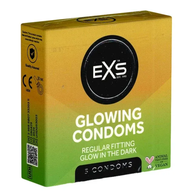 Prezervative EXS - Glowing, lubrifiate si rezistente, fosforescente in intuneric, 1 x 3 buc