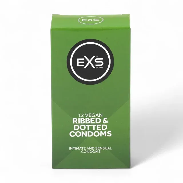 Prezervative EXS Ribbed & Dotted Condoms, texturate, subțiri și rezistente, diametru 56 mm, 12 bucăți