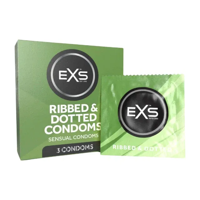 Prezervative EXS Ribbed & Dotted Condoms, texturate, subțiri și rezistente, diametru 56 mm, 3 bucăți