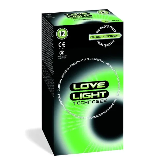 Prezervative LOVE LIGHT TECHNOSEX Glow, din latex, lubrifiate, fosforescente, diametru 52 mm, 12 buc