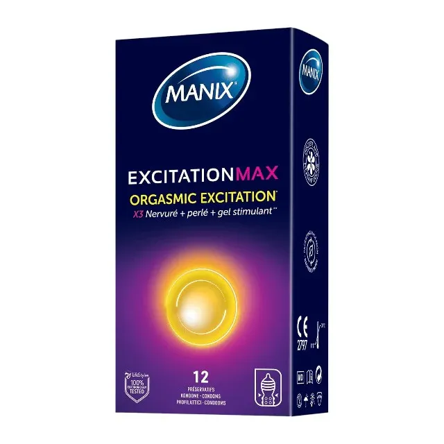 Prezervative MANIX Excitation Max, din latex, lubrifiate, texturate și rezistente, cu efect de încălzire, diametru 53 mm, 12 buc