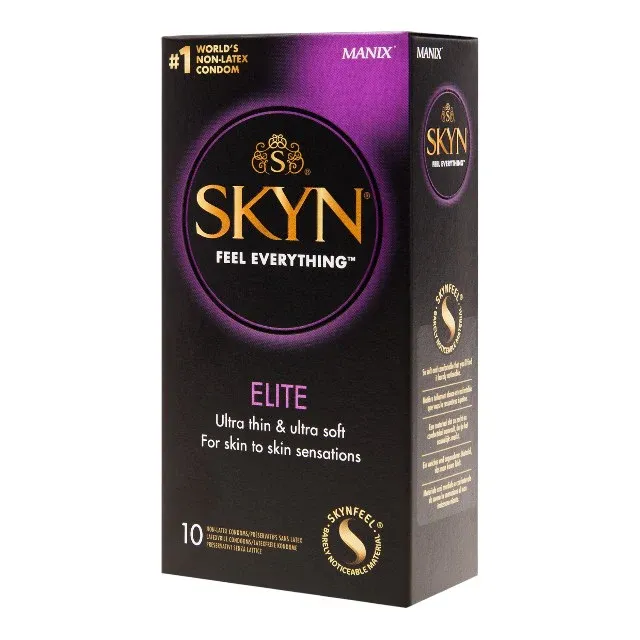 Prezervative MANIX Skyn Elite, fără latex, lubrifiate, ultra-subțiri și rezistente, diametru 53 mm, 10 bucăți