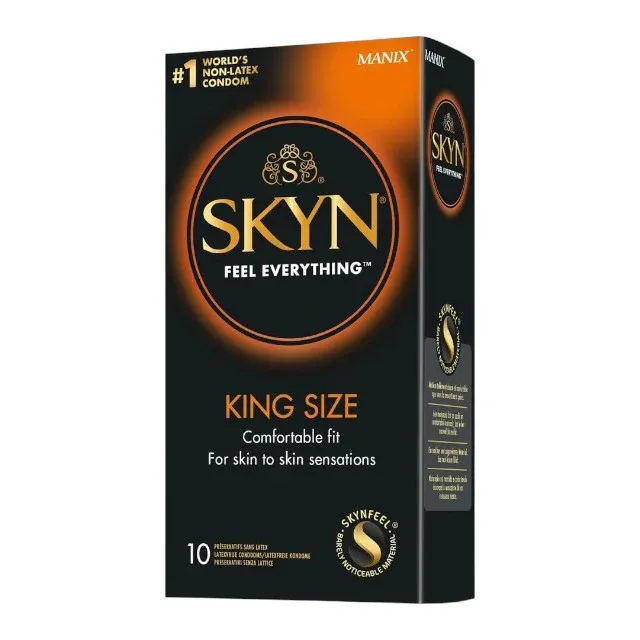 Prezervative MANIX Skyn King Size, fără latex, lubrifiate, subțiri și rezistente, diametru 56 mm, 10 bucăți