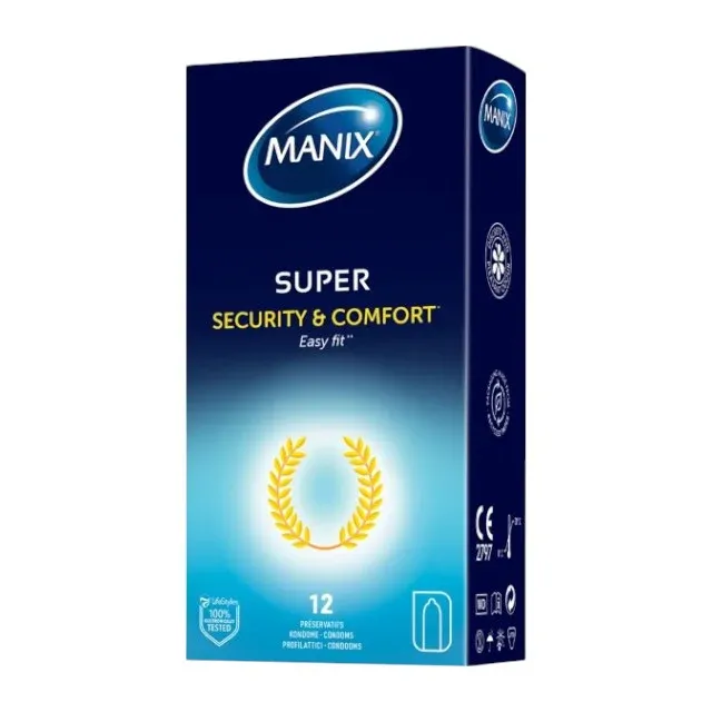 Prezervative MANIX Super, din latex, lubrifiate, confortabile și rezistente, diametru 52 mm, 12 bucăți