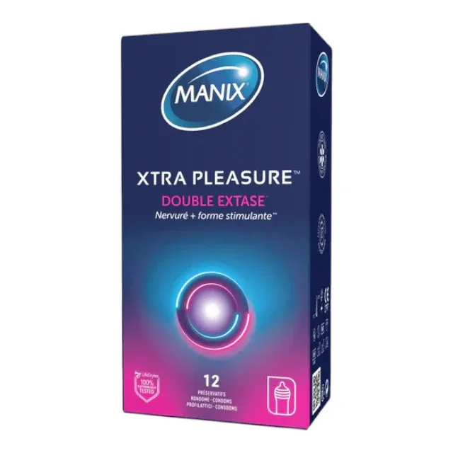Prezervative MANIX Xtra Pleasure - Double Extase, din latex, texturate și lubrifiate, diametru 52 mm, aromă de vanilie, 12 buc