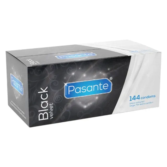 Prezervative PASANTE Black Velvet, din latex negru, diametru 56 mm, 144 bucăți