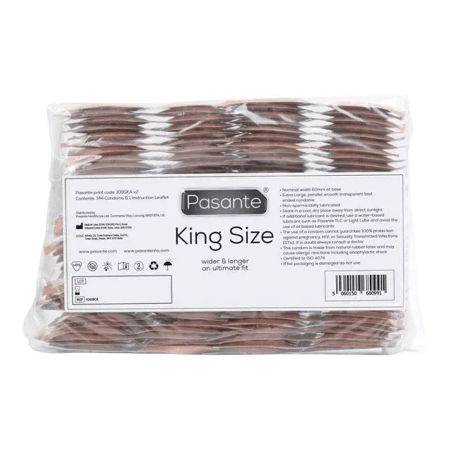 Prezervative PASANTE King Size, din latex, lubrifiate și rezistente, diametru 60 mm, 144 bucăți