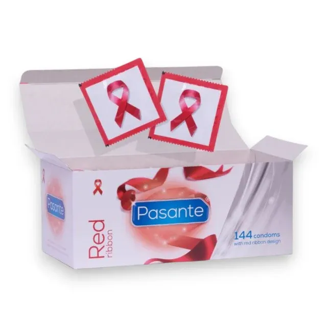 Prezervative PASANTE Red Ribbon, lubrifiate, diametru 54 mm, ambalaj cu fundă roșie, 144 bucăți