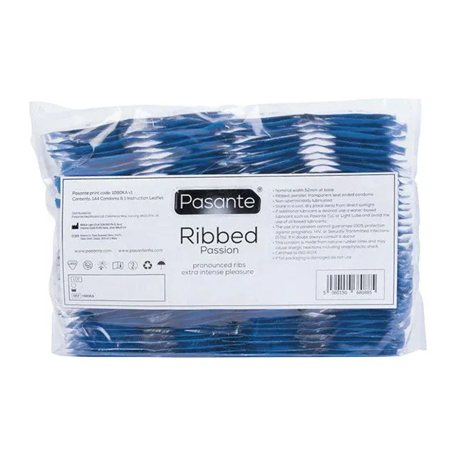 Prezervative PASANTE Ribbed Passion, din latex, texturate și rezistente, diametru 52 mm, 144 bucăți