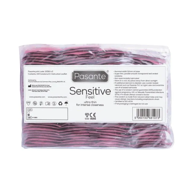 Prezervative PASANTE Sensitive Feel, din latex, ultra-subțiri și rezistente, diametru 52 mm, 144 bucăți