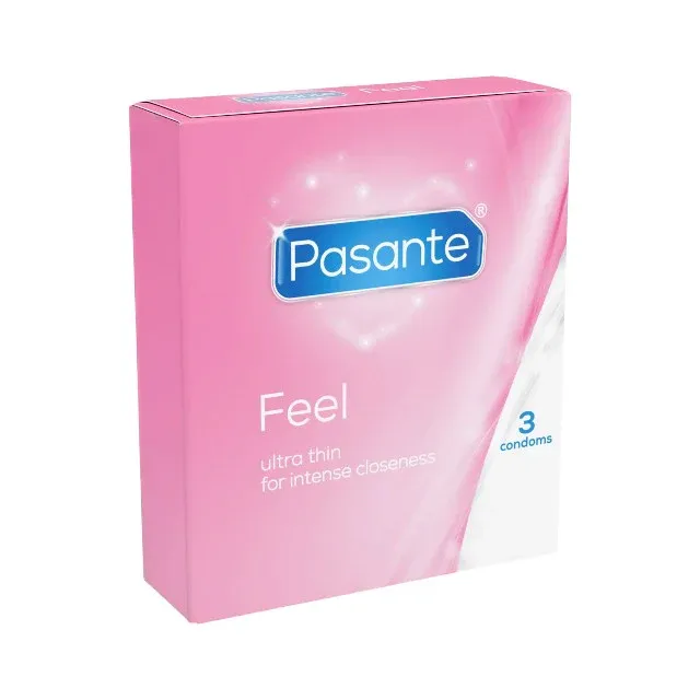 Prezervative PASANTE Sensitive Feel, din latex, ultra-subțiri și rezistente, diametru 52 mm, 3 bucăți
