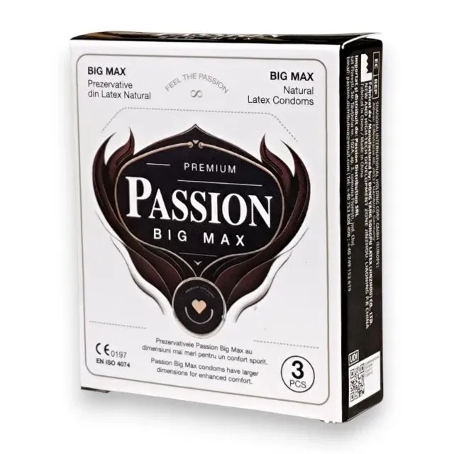 Prezervative PASSION Big Max, din latex natural, lubrifiate și rezistente, diametru 55 mm, 3 buc