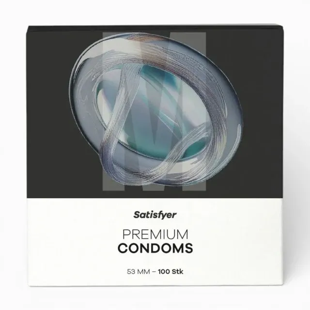 Prezervative SATISFYER Premium Condoms M, din latex, lubrifiate, design modern, diametru 53 mm, 100 bucăți