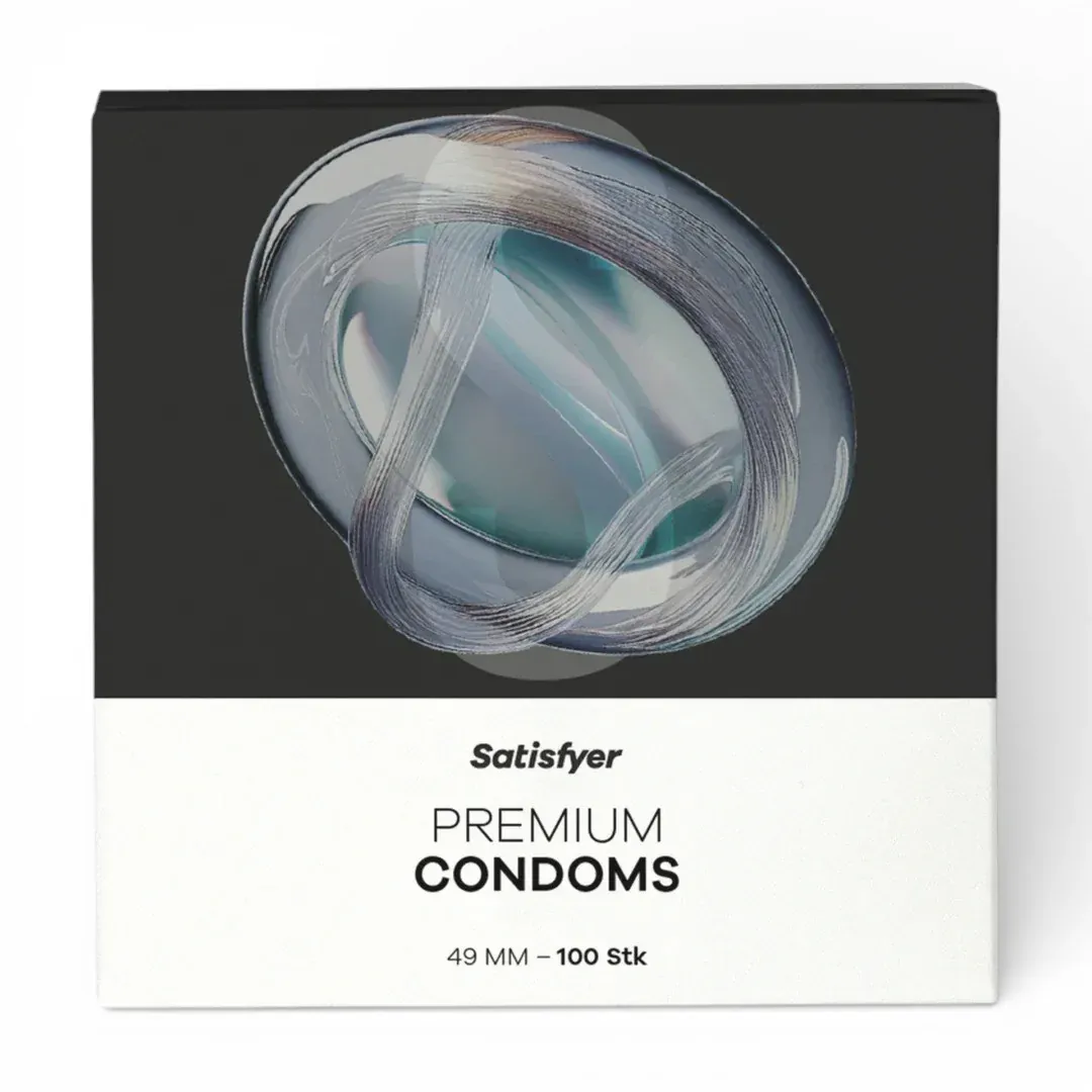 Prezervative SATISFYER Premium Condoms S, din latex, lubrifiate, design modern, diametru 49 mm, 100 bucăți
