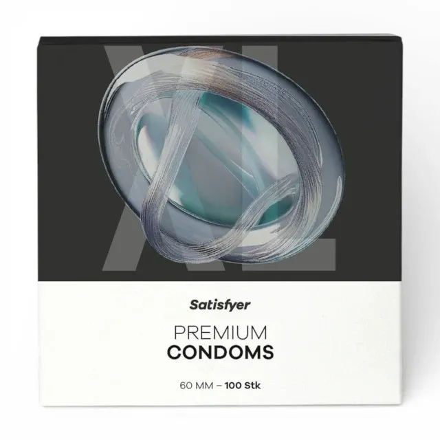 Prezervative SATISFYER Premium Condoms XL, din latex, lubrifiate, design modern, diametru 60 mm, 100 bucăți