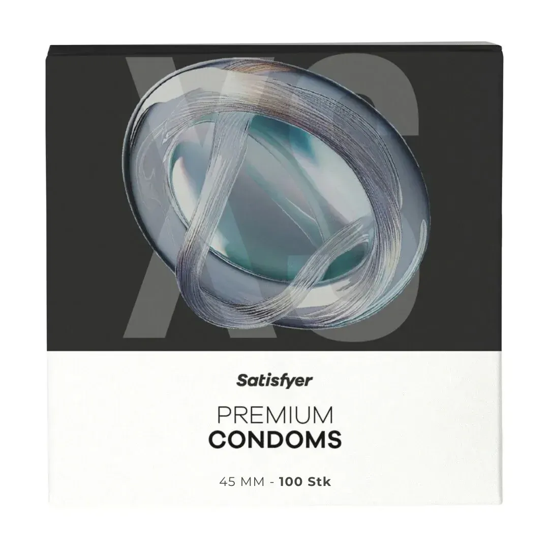 Prezervative SATISFYER Premium Condoms XS, din latex, lubrifiate, design modern, diametru 45 mm, 100 bucăți