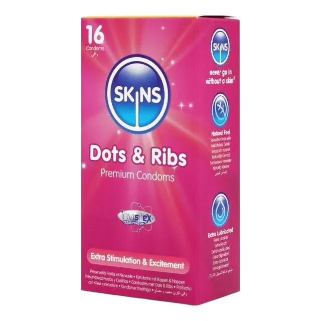 Prezervative SKINS Dots & Ribs Premium Condoms, texturate pentru stimulare intensă, din latex, 16 bucăți