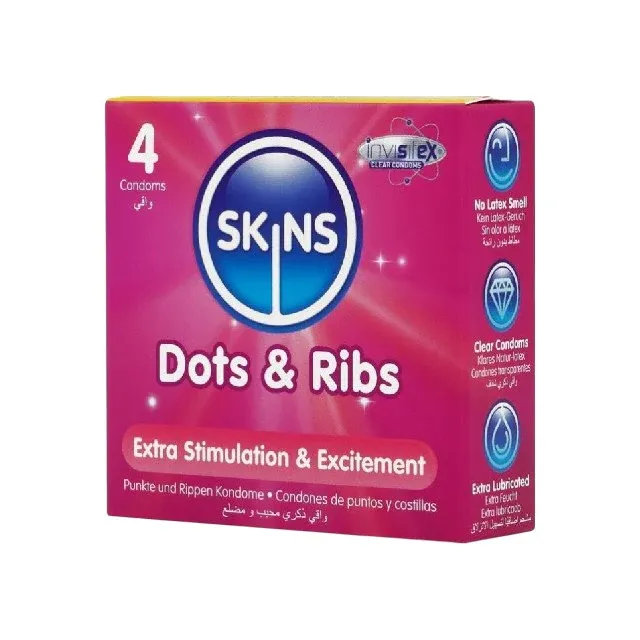 Prezervative SKINS Dots & Ribs Premium Condoms, texturate pentru stimulare intensă, din latex, 4 bucăți