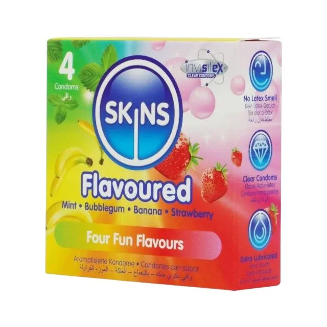 Prezervative SKINS Flavoured, cu 4 arome (banană, mentă, căpșuni și bubblegum), din latex, 4 bucăți