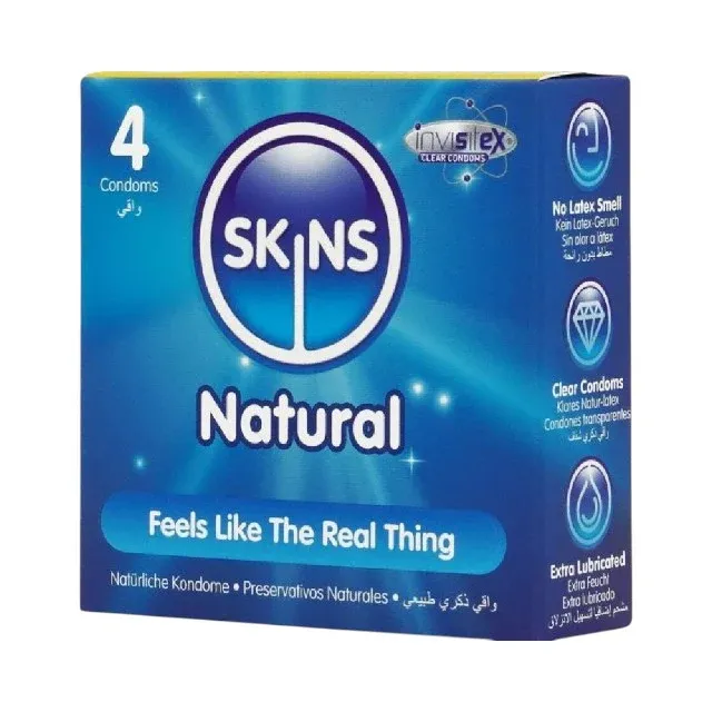 Prezervative SKINS Natural Premium Condoms, din latex ultra-subțire și rezistent, transparente, 4 bucăți