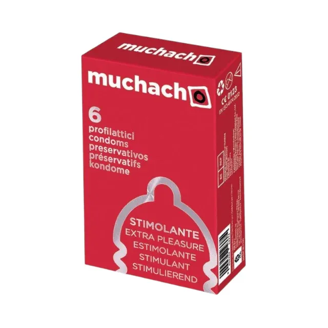 Prezervative stimulatoare MUCHACHO Extra Pleasure, texturate, pentru plăcere mai intensă, din latex, diametru 54 mm, 6 buc.
