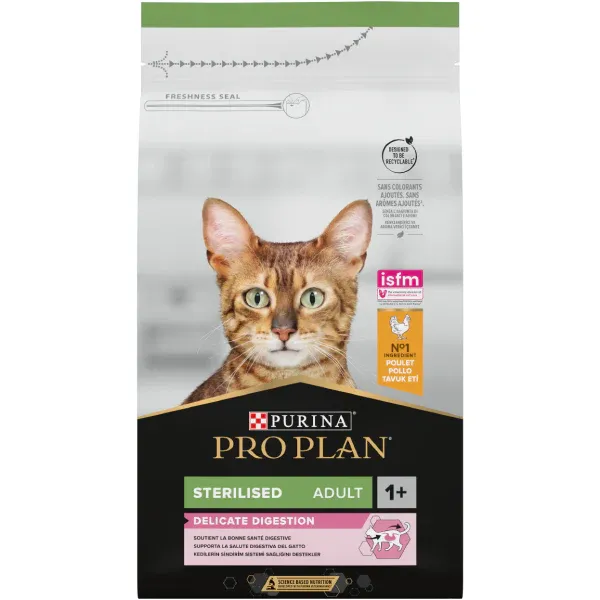 PRO PLAN® STERILISED DELICATE DIGESTION Adult 1+, bogat în pui, hrană uscată pentru pisici, 1.5 kg