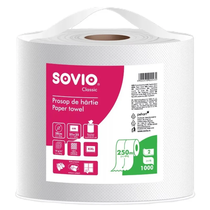 Prosop de Bucatarie, 2 Straturi, 270 m, 25 x 27 cm, 2 Role, 1000 Foi, Sovio