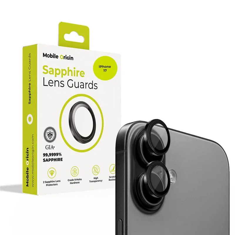 Protectie sticla camera foto Mobile Origin Sapphire Lens compatibila cu iPhone 17, Negru