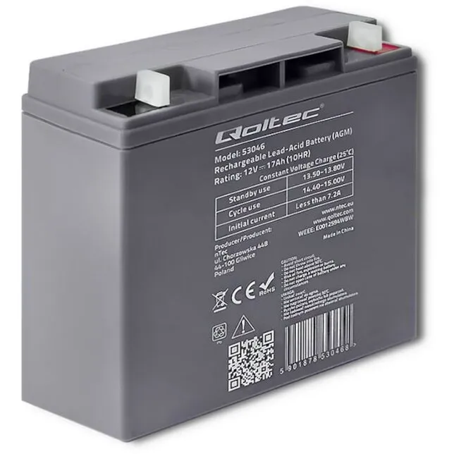 QOLTEC Acumulator Agm, Qoltec, 53046, Tehnologie: Agm, Tip Acumulator: Vrla, Tensiune: 12V, Curent Maxim De Incarcare: 5.1A, Dimensiuni: 76.5 x 180 x 166 mm, Gri