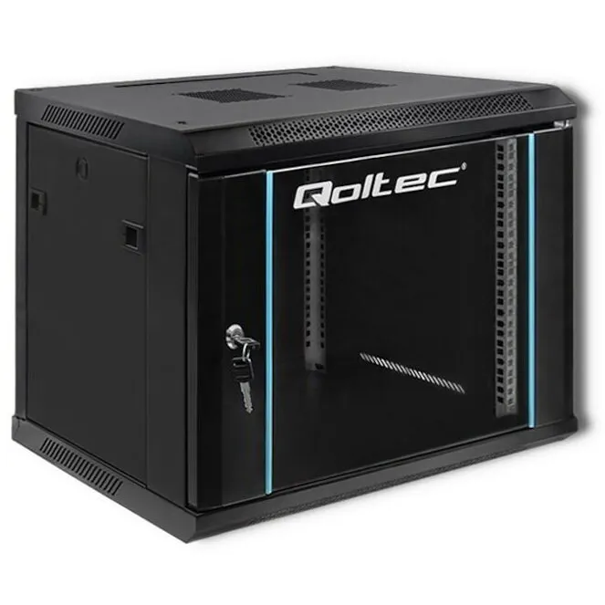 QOLTEC Rack 19 9U, Qoltec, 54463, Capacitate Maxima De Incarcare Statica: 70 Kg, Sticla Securizata, Servere, Teletehnica, Energetica, Industrie, Usi Frontale Din Sticla Cu Incuietoare, Constructie Rezistenta, Suspendat, 600 x 500 x 450 mm, Negru