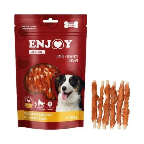 Recompense pentru caini Enjoy Carnivore Rawhide Chews cu pui, 100 g