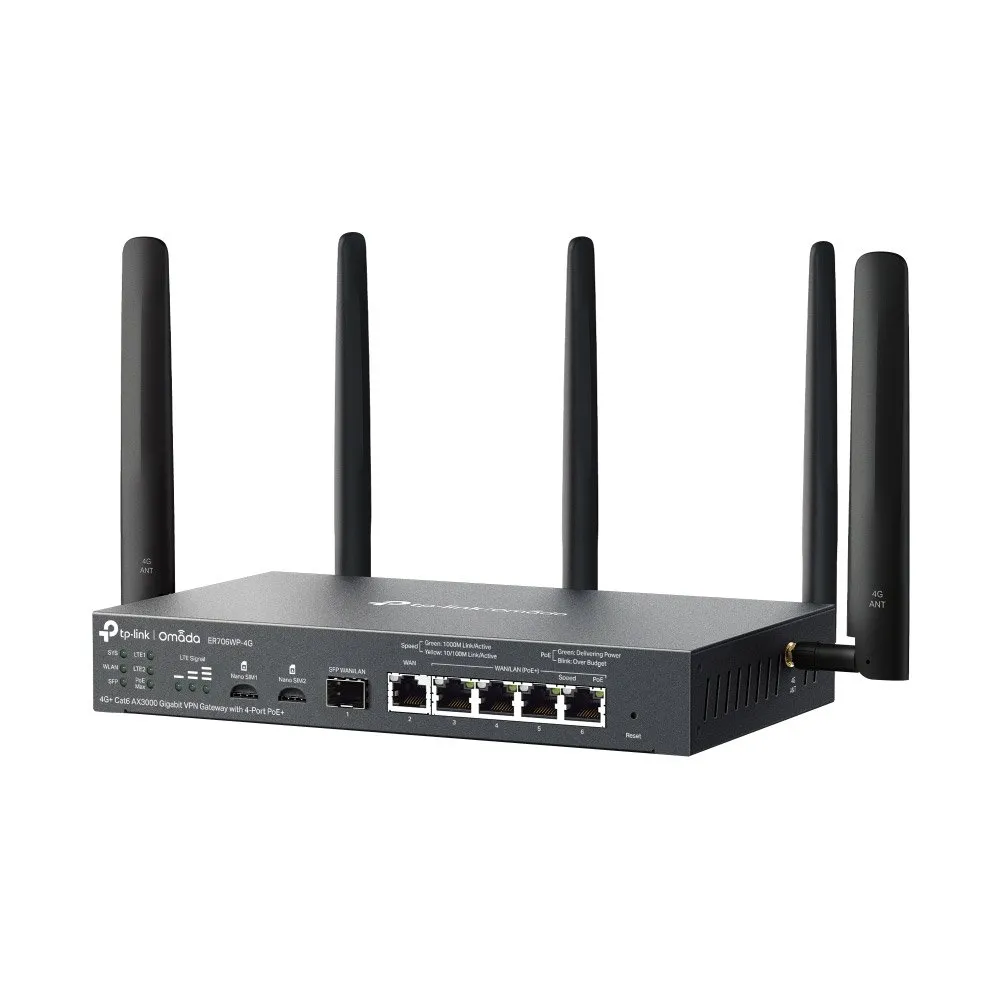 Router VPN 4G+Cat6 dual band TP-Link ER706WP-4G, WiFi 6, 2.4/5 GHz, 2402 Mbps, VPN, Omada, Mu-Mimo, PoE+