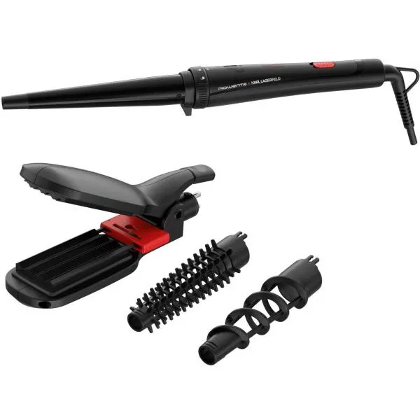 Rowenta Aparat de coafat Rowenta x Karl Lagerfeld Infinite Looks CF422LF0, 9 accesorii, invelis ceramic, placa 2 in 1 pentru creponat/indreptat, geanta pentru transport, manusa de protectie, 48 W, varf rece, Negru/Rosu