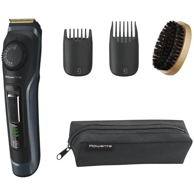 Rowenta Aparat de tuns barba Rowenta Virtuo TN3804E0, autonomie 180 minute, 6500 rpm, indicator LED baterie, 2 piepteni ajustabili, 39 de lungimi de taiere, setare de precizie 0.5mm, lame din otel inoxidabil acoperite cu titan, negru & albastru