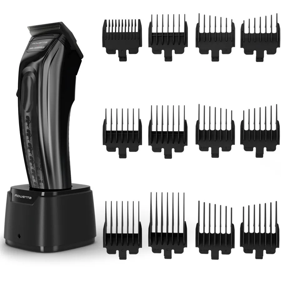 Rowenta Aparat de tuns Rowenta x Karl Lagerfeld Barber Experience TN155LE0, 6500 rpm, autonomie 150 min, 6 piepteni ficsi 3-6 -9-12-18-25 mm, 6 piepteni fade stanga - dreapta, setare precizie 0.3mm, lame inox, indicator LED, baza de incarcare, negru & gr