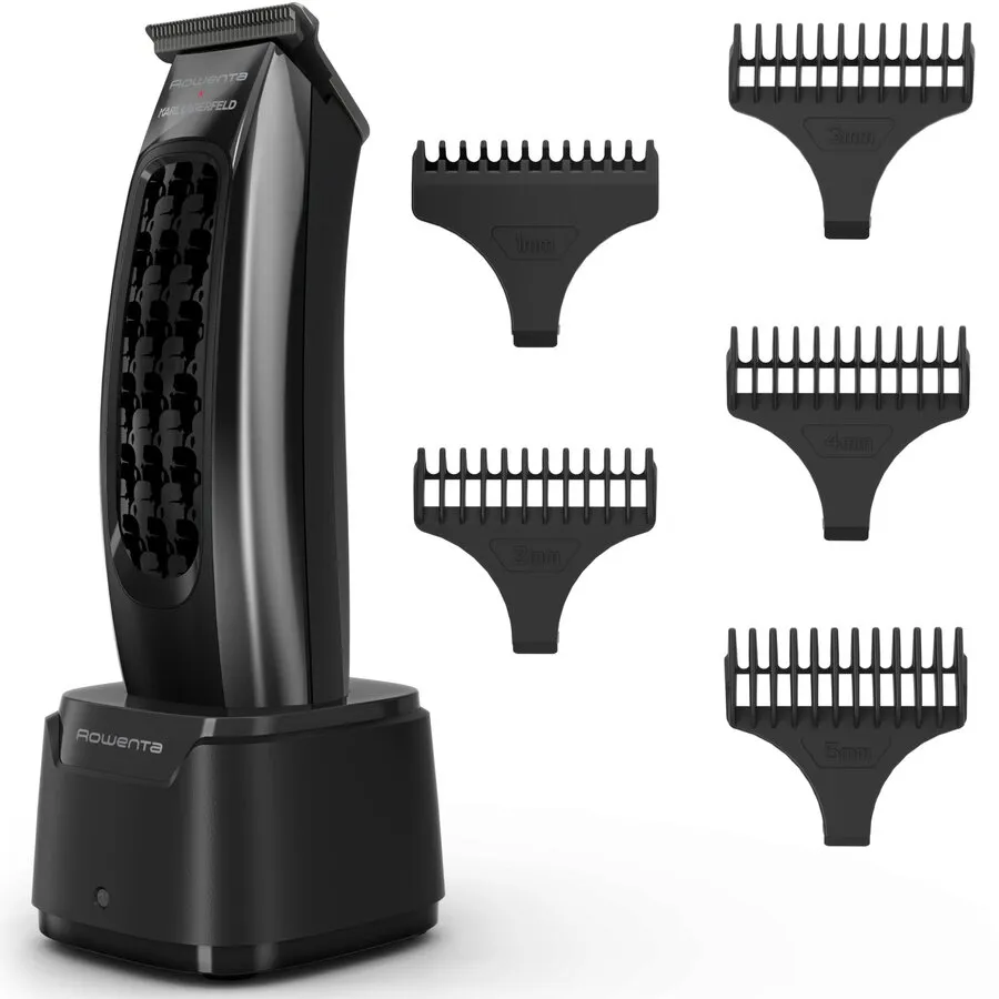 Rowenta Aparat de tuns Rowenta x Karl Lagerfeld Barber Experience TN185LE0, 6500 rpm, autonomie 90 min, 5 piepteni ficsi de la 1 - 5 mm, lame inox, baza de incarcare, indicator LED, incarcare rapida, negru & gri