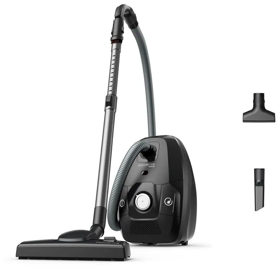 Rowenta Aspirator cu sac Rowenta Green Force Max Silence RO6136EA, 900W, 70% plastic reciclat, 3 niveluri de filtrare, sac Hygiene+, lungime cablu 8.4m, recipient praf 4.5L, perie EasyBrush, indicator umplere sac, Negru/ argintiu