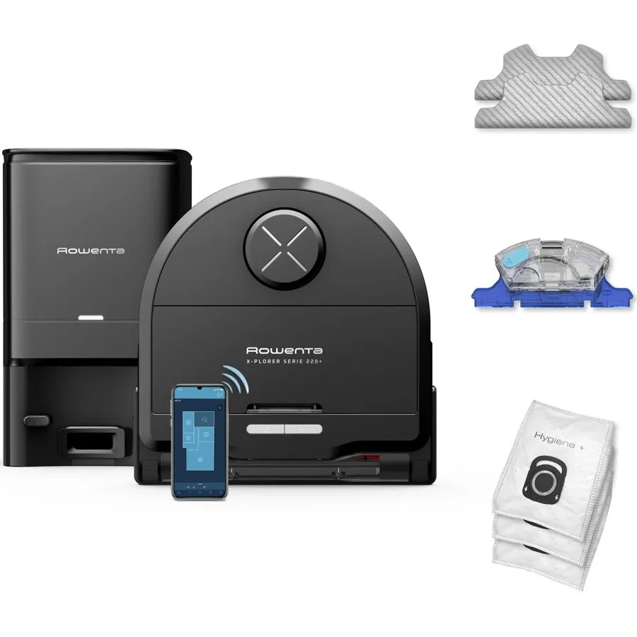 Rowenta Aspirator robot Rowenta X-Plorer Serie 220+ RR9485WH, aspirator si mop, autonomie 120 min, recipient praf 0.35L, statie de incarcare si golire praf, mop Smart Aqua Power, negru
