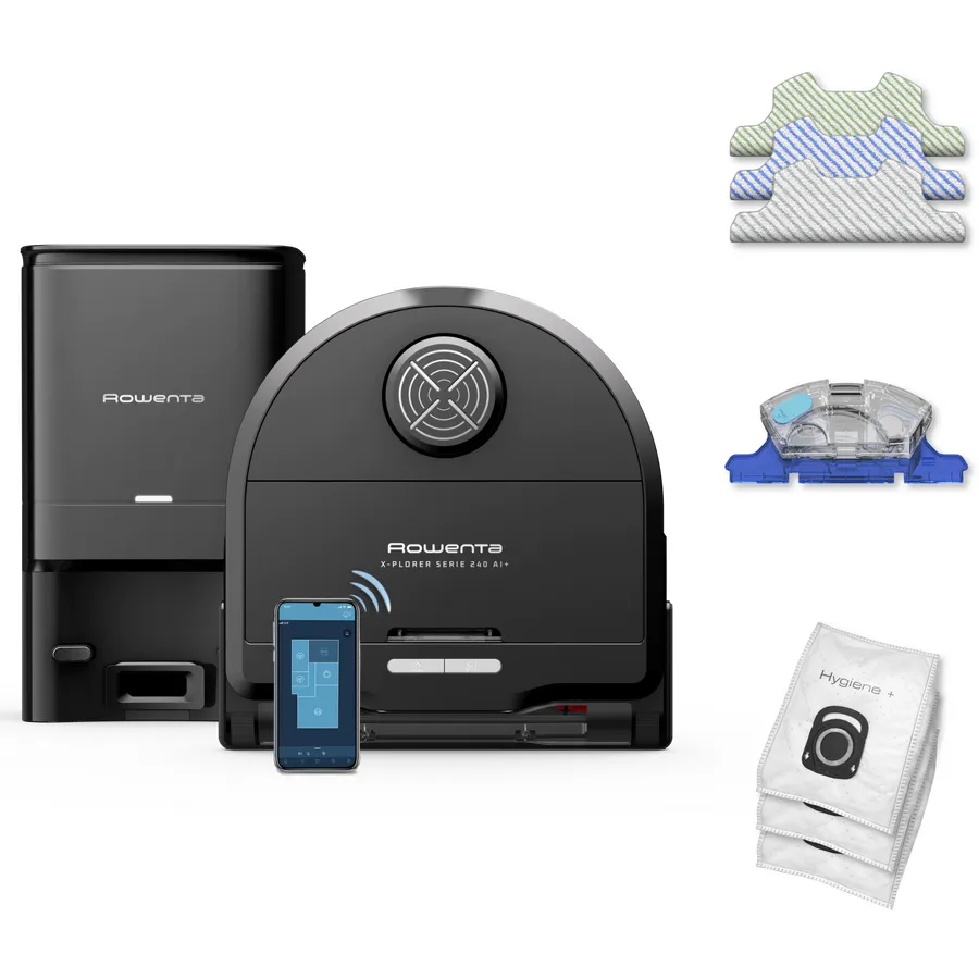 Rowenta Aspirator robot Rowenta X-Plorer Serie 240+ RR9695WH, aspirator si mop, autonomie 120 min, recipient praf 0.35L, statie de incarcare si golire praf, mop Smart Aqua Power, negru
