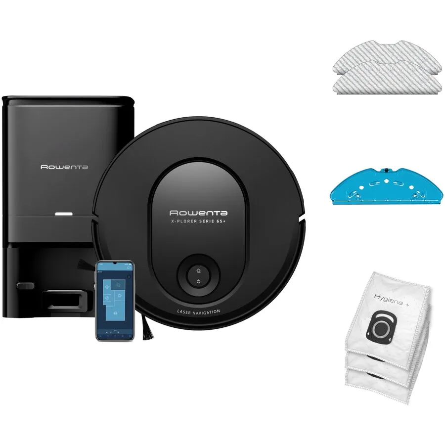Rowenta Aspirator robot Rowenta X-Plorer Serie 65+ RR8L85WH, aspirator si mop, 168 min, 2600 mAh, recipient praf 0.4L, recipient apa 300 ml, statie de incarcare si golire praf, mop Smart Aqua Power, negru