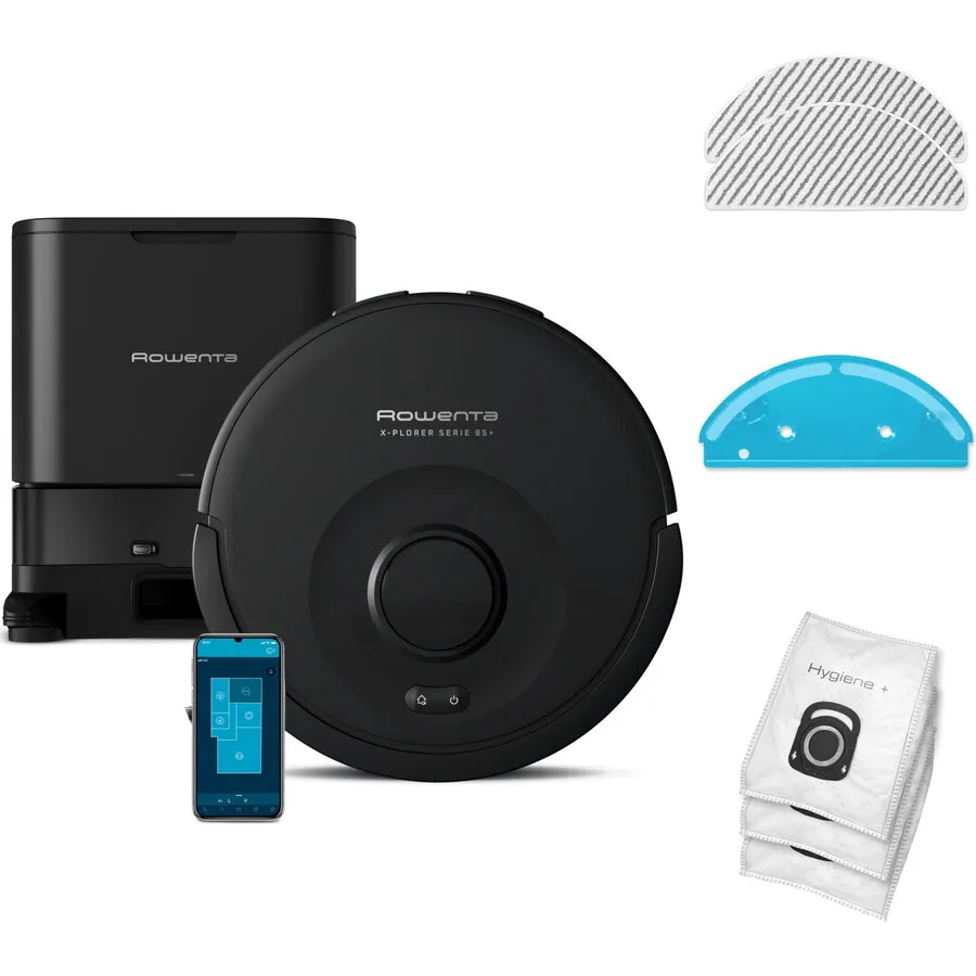 Rowenta Aspirator robot Rowenta X-Plorer Serie 85+ RR87D5WH, aspirator si mop, putere 6000 Pa, 270 min, 4 trepte de putere, rezervor apa 0.29L, capacitate praf 0.26L, navigare laser 360°, statie incarcare si golire praf, sistem Smart Aqua Power, negru