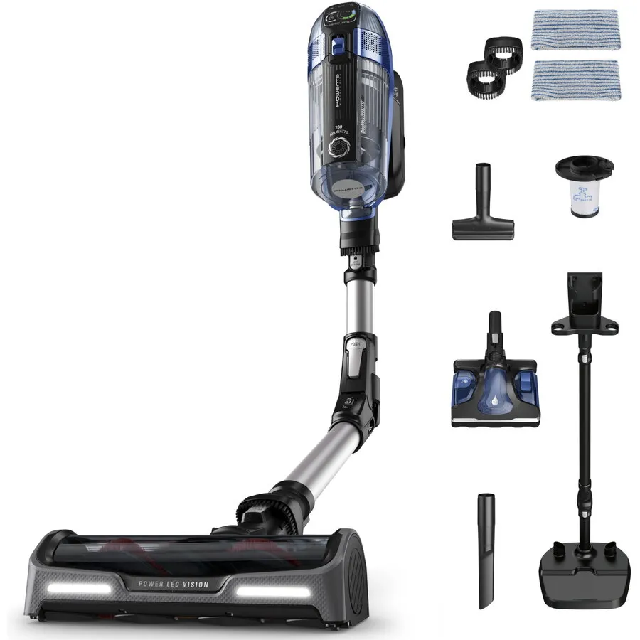 Rowenta Aspirator vertical cu mop fara fir Rowenta X-Force Flex 14.60 Aqua RH99C3WO, 480W, 32.4V, autonomie 70 min, recipient praf 0.9 L, tub flexibil, perie cu LED, panou digital SmartControl, statie de incarcare cu suport accesorii, gri-albastru