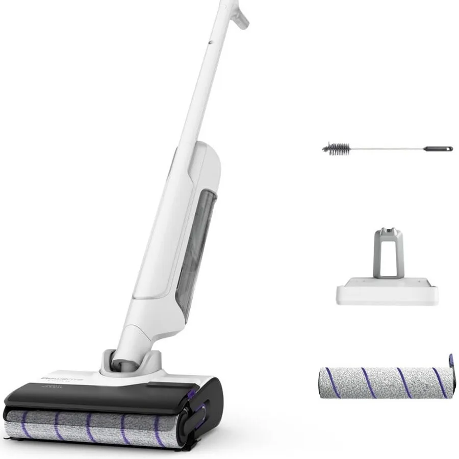 Rowenta Aspirator vertical fara fir cu spalare Rowenta X-Clean 10 GZ7540WO, 200W, 550 RPM, pana la 60 min autonomie, ecran LED, functie uscare & autocuratare, baza de incarcare cu suport accesorii, compatibil cu detergenti, alb & argintiu