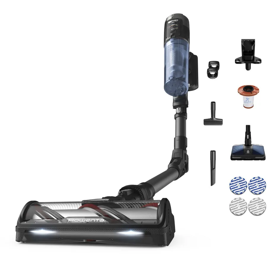 Rowenta Aspirator vertical fara fir Rowenta X-Force Flex 12.60 NEO RH9LC1WO cu mop, 380W, 25.9V, autonomie 60 minute, filtrare 99%, recipient praf 0.65 L, tub flexibil, perie cu LED, Control Display, statie de incarcare cu suport accesorii, albastru & ne